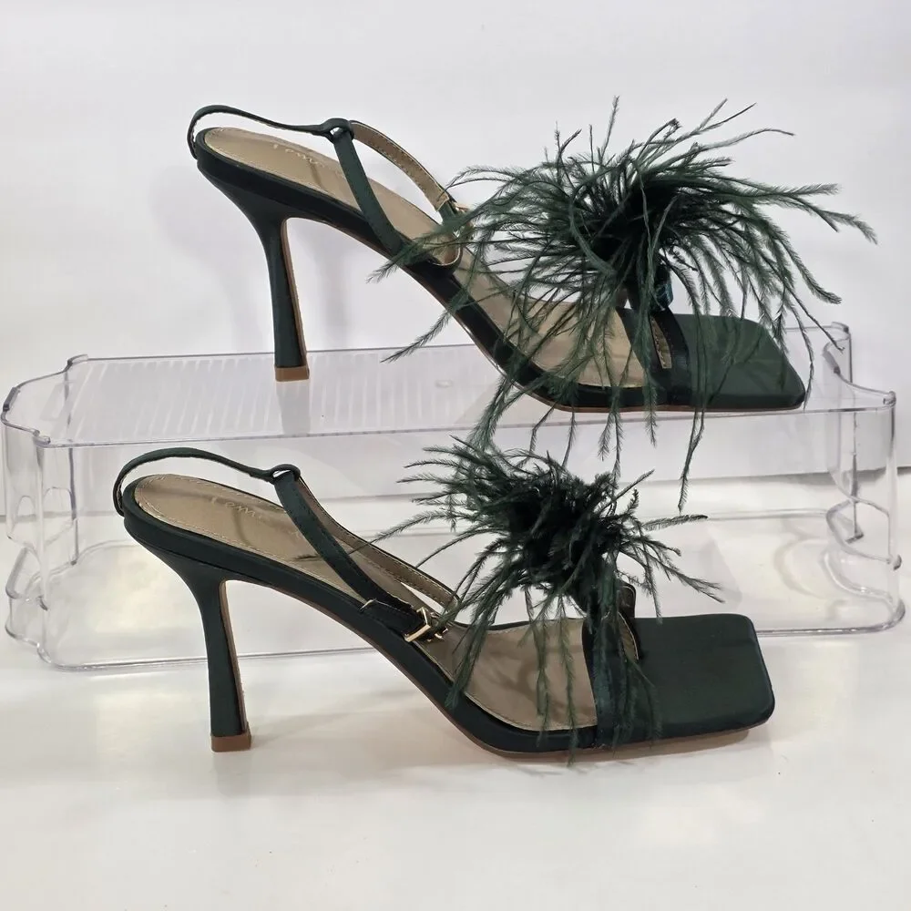 Lemonade Feather Heels Womens 7.5 Green Satin Ankle Strap Stiletto Party Glam...